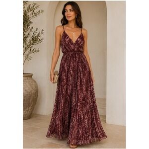 Fame & Partners Maxi Dress Women 6 Burgundy Snakeskin Pleated Open Back Gown